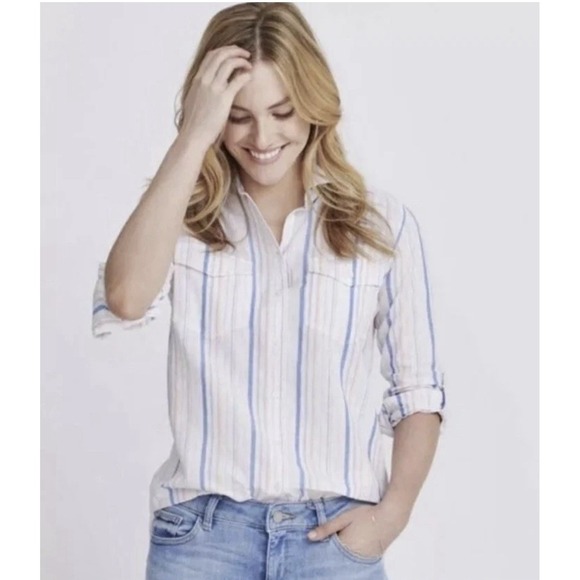 UNTUCKit Tops - UNTUCKit Liza Shirt Medium White Multi Stripe Linen Cotton Blend Long Sleeve